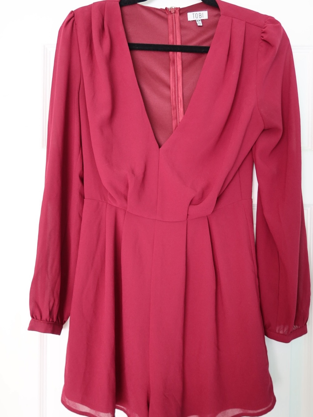 TOBI Berry Red Long Sleeve V-Neck Romper